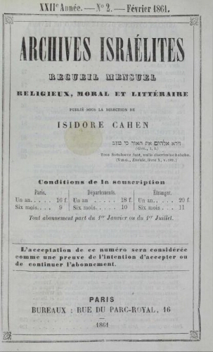 Archives israélites de France. Vol.22 N°02 (férier 1861)